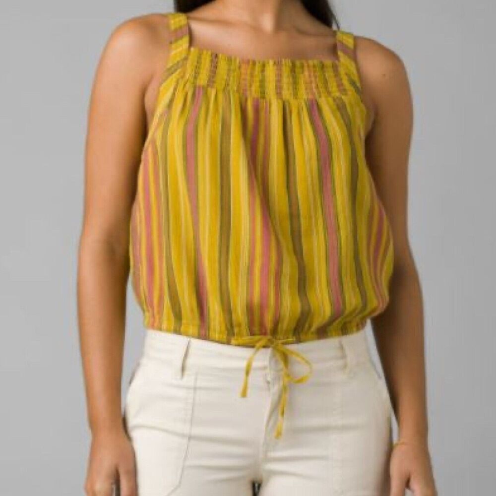 Prana Women's Size S Little Palm Cami Leapfrog Stripe Gold Cotton Top NWT